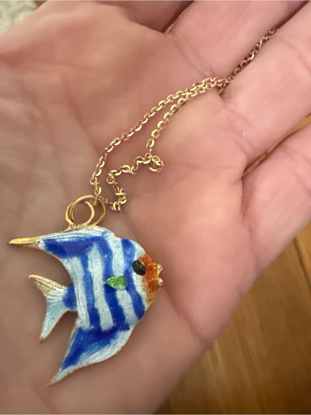 Vintage HS Stern 18K Gold chain Enamel Angelfish Pendant Necklace